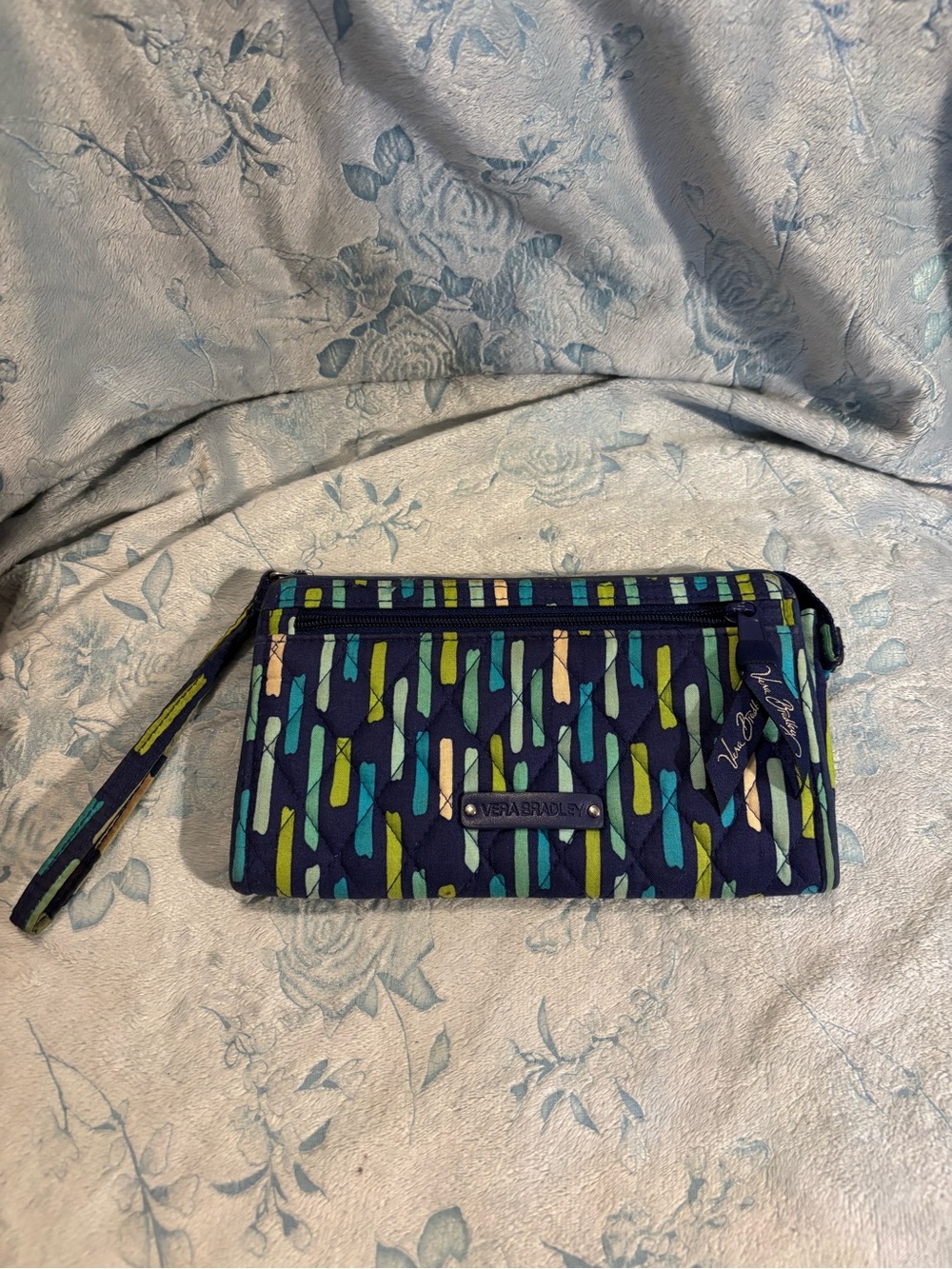 Vera Bradley Navy Quilted Wristlet with Teal & Lime Dash Print
